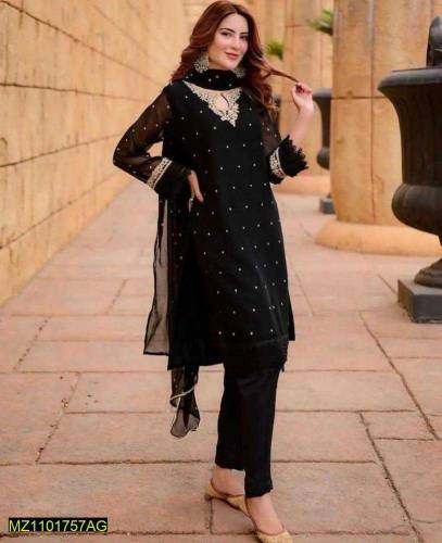 3Pc Women Chiffon Stitched Embroidered Suit.