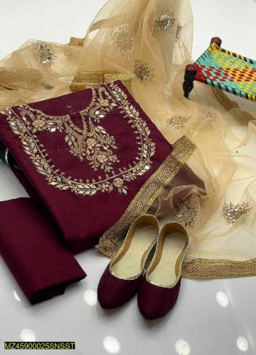 3 Pcs women's unstiched katan silk embroidered suit