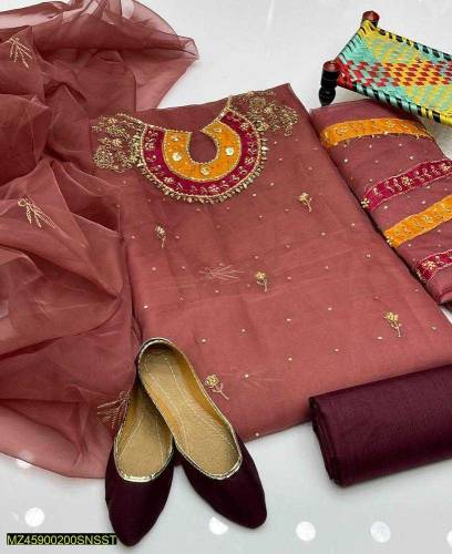 4 pieces women's unstitched Fancy Organza Embroidered suit