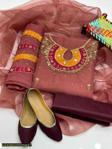 4 pieces women's unstitched Fancy Organza Embroidered suit