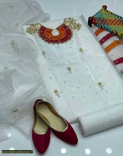 4 pieces women's unstitched Fancy Organza Embroidered suit