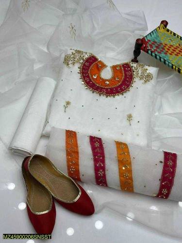 4 pieces women's unstitched Fancy Organza Embroidered suit