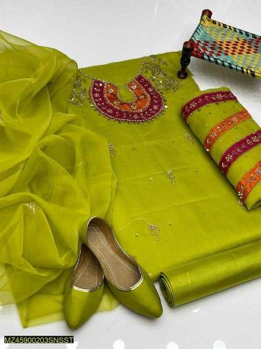 4 pieces women's unstitched Fancy Organza Embroidered suit