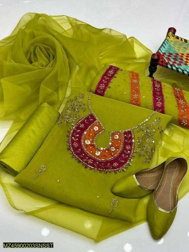 4 pieces women's unstitched Fancy Organza Embroidered suit
