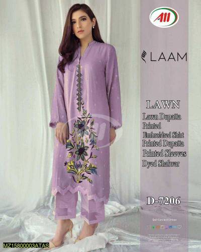 3pcs woman's unstitched lawn printed suit 