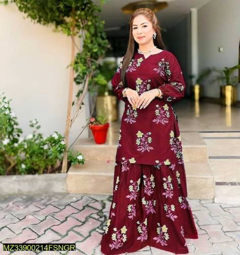 2 Pcs Women's Stitched Linen Printed Suit 