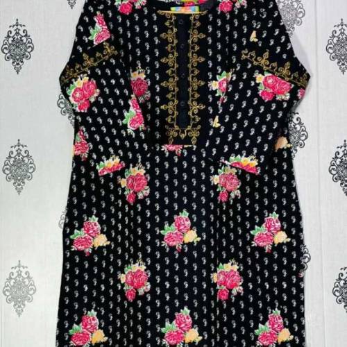 allover printed top with embroidered neckline 