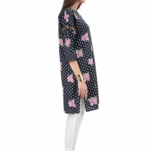 allover printed top with embroidered neckline 
