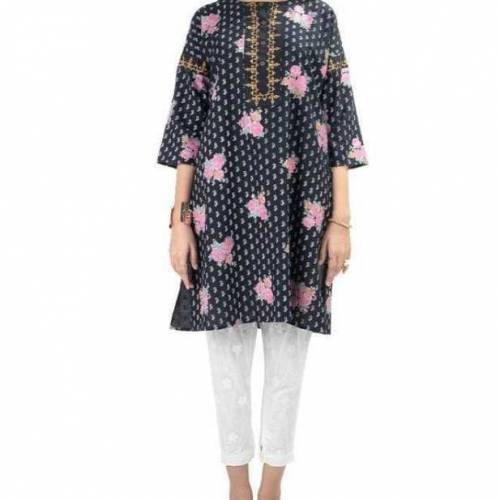 allover printed top with embroidered neckline 