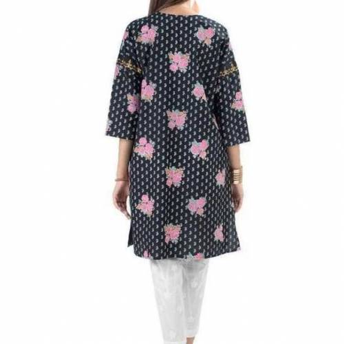 allover printed top with embroidered neckline 