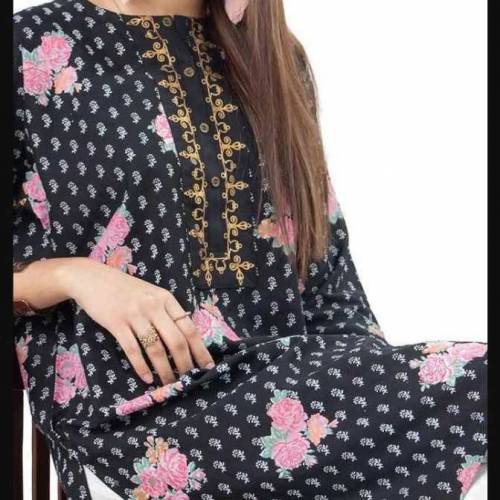 allover printed top with embroidered neckline 