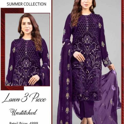 3 Pcs Women's Unstitched Lawn Embroidered Suit