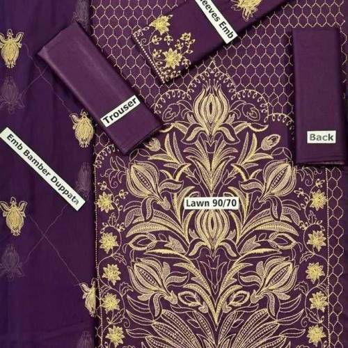 3 Pcs Women's Unstitched Lawn Embroidered Suit