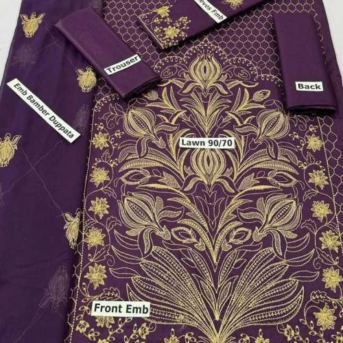 3 Pcs Women's Unstitched Lawn Embroidered Suit