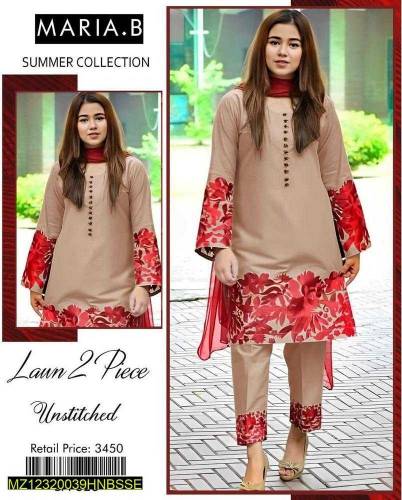 3 Pcs Women's Unstitched Lawn Embroidered Suit