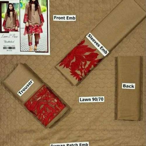 3 Pcs Women's Unstitched Lawn Embroidered Suit