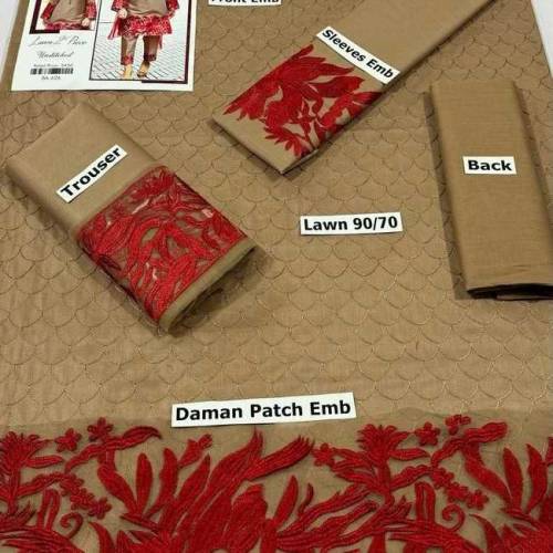 3 Pcs Women's Unstitched Lawn Embroidered Suit