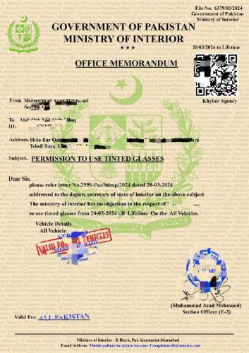 Black Tinted Glasses Permit Available Menstry Of interior Islamabad sa
