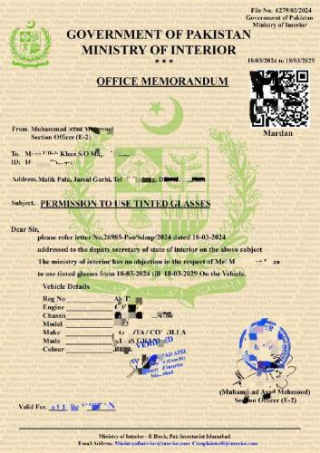 Black Tinted Glasses Permit Available Menstry Of interior Islamabad sa
