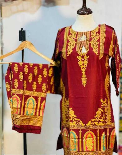 2 Pcs Women,s Stitched Linen Printed Suit