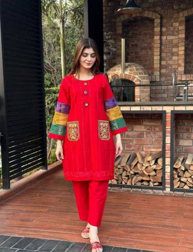 2 pcs women's stitched cotton Embroidered shirt and trouser