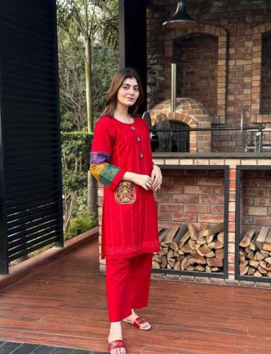 2 pcs women's stitched cotton Embroidered shirt and trouser