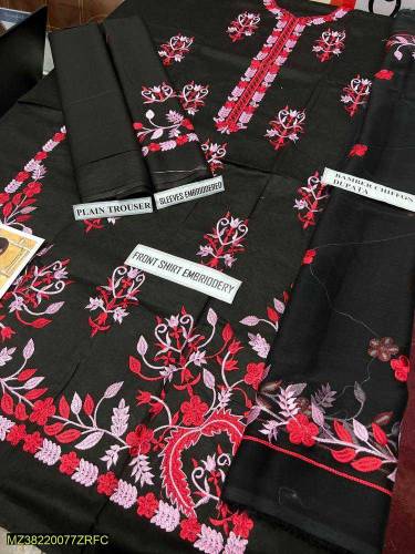 3 pcs woman's unstitched lawn embroidered suit 