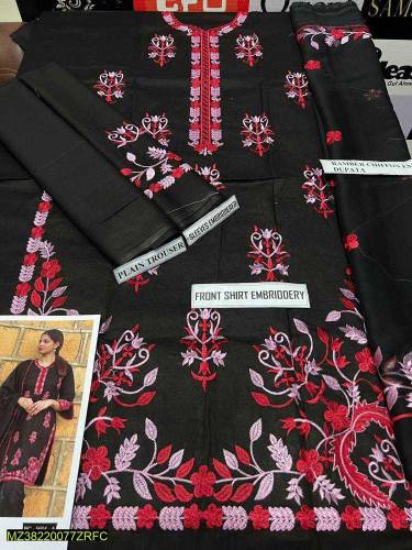 3 pcs woman's unstitched lawn embroidered suit 