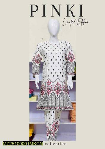 2 Pcs Whomen Stitched Lawn Printed Shirt and Trouser