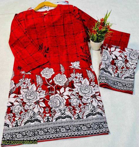 2 Pcs Whomen Stitched Lawn Printed Shirt and Trouser