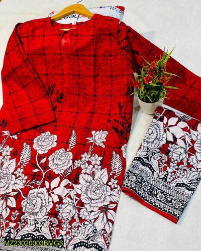 2 Pcs Whomen Stitched Lawn Printed Shirt and Trouser