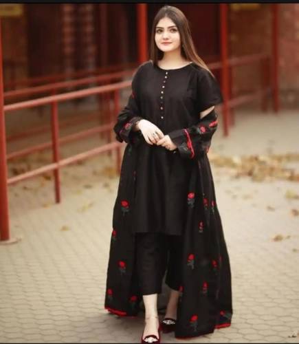 Stylish Collection Stitch Embroidered Flower Gown 3Pc Dress for Women