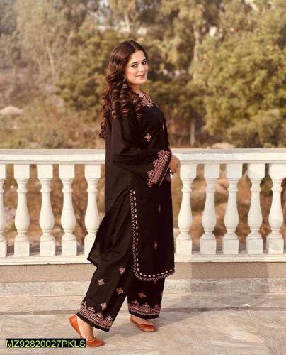 2 Pcs Woman's Stitched Linen Mirror Work Shirt And Trouser