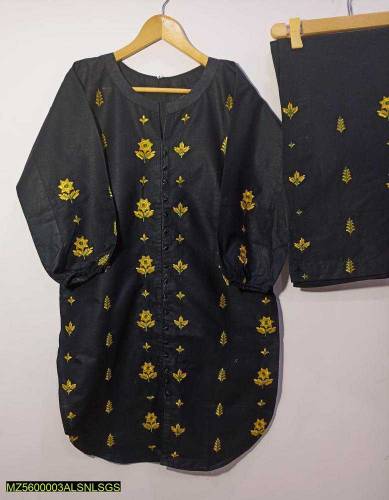 2 Pcs Woman's Stitched Cotton Embroidered Shirt And Trouser