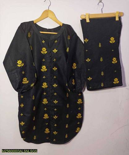 2 Pcs Woman's Stitched Cotton Embroidered Shirt And Trouser