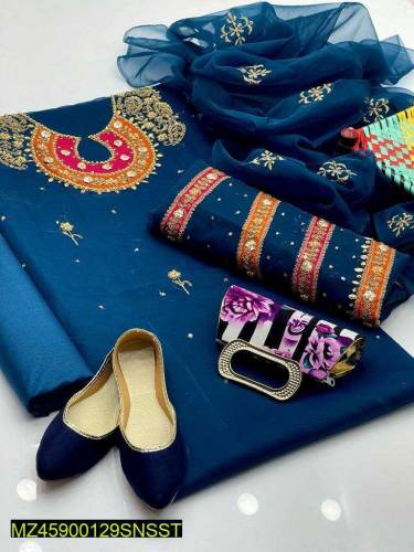 •  Fabric: Organza•  Shirt: Embroidered•  Trouser: Plain•  Dupatta: Or