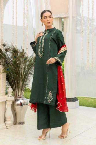 stitched dark green raw silk suit