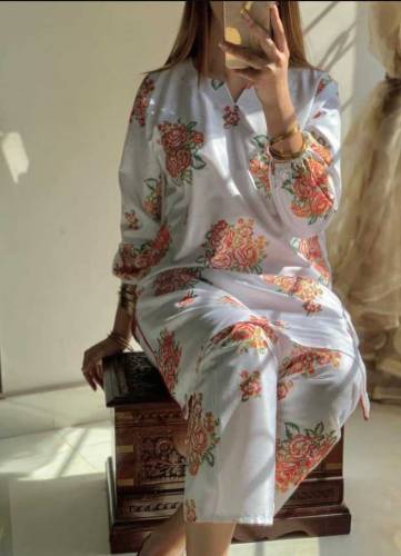 2 pcs women's stitched linen printed shirt and trouser