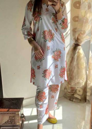 2 pcs women's stitched linen printed shirt and trouser