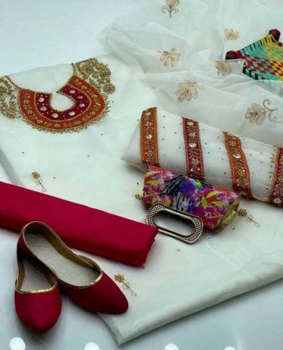 3 pcs women's unstitched organza embroided suit