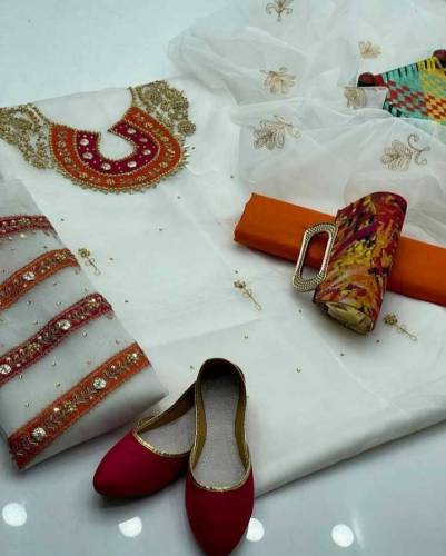 3 pcs women's unstitched organza embroided suit
