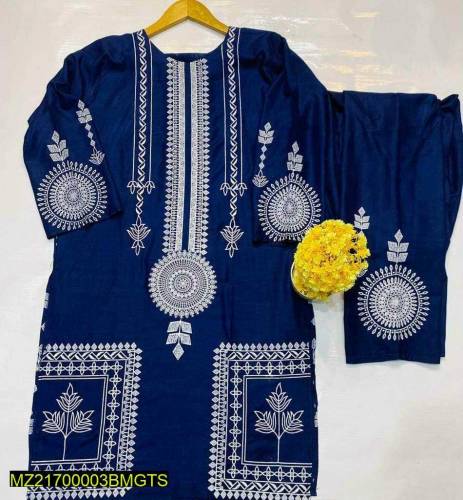 2 Pcs Block Print Woman Stitched Linen Suit 