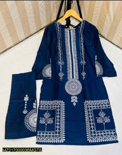 2 Pcs Block Print Woman Stitched Linen Suit 