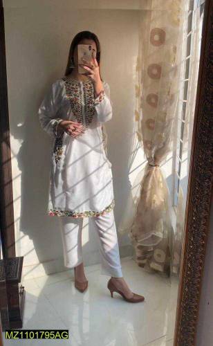 2 Pcs Women's Stitched Linen Embroidered Suit