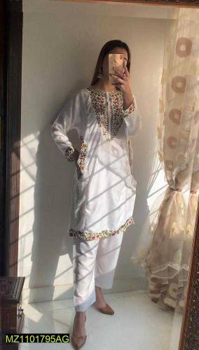 2 Pcs Women's Stitched Linen Embroidered Suit