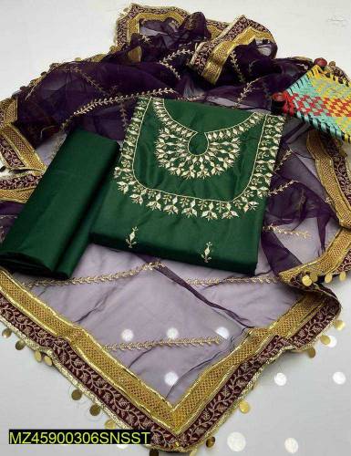 3 Pcs Women s Unstitched Katan Slik Embroidered Suit 
