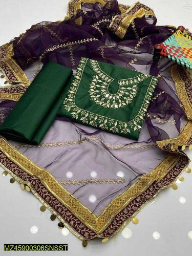 3 Pcs Women s Unstitched Katan Slik Embroidered Suit 