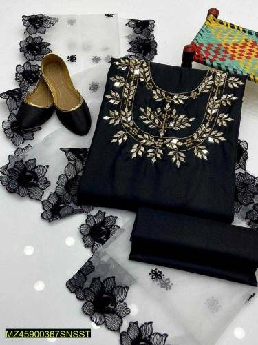 4 Pcs Woman Unstitched Katan Silk Embroidered Fancy Dress 