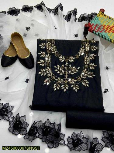 4 Pcs Woman Unstitched Katan Silk Embroidered Fancy Dress 