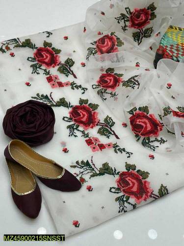 3pcs women unstiched organza sout embrioded 